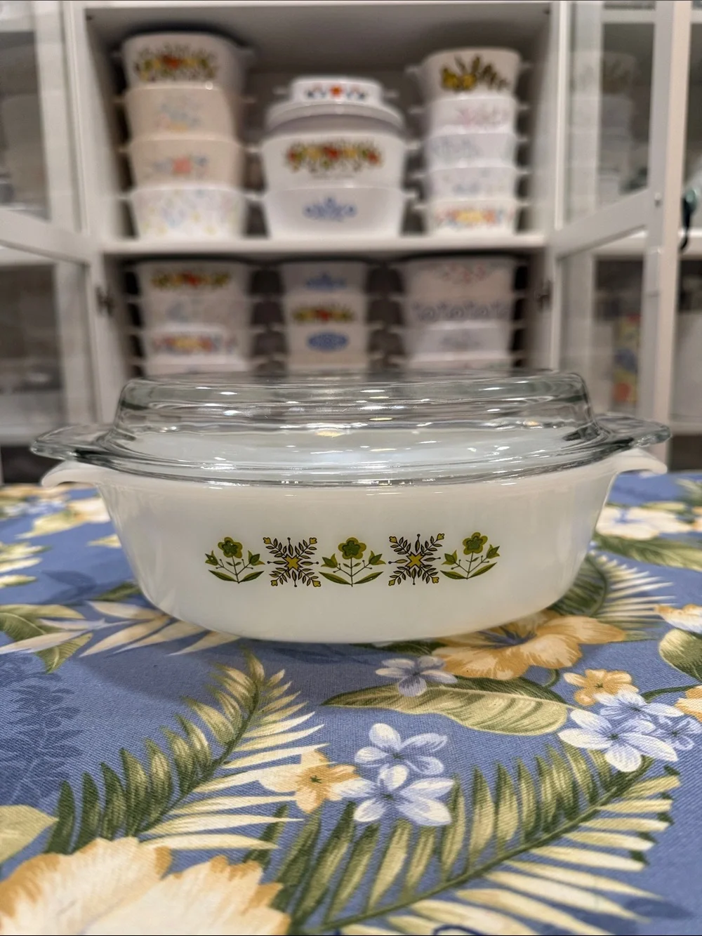 Fire King White Milk Glass Casserole with Green Floral Pattern